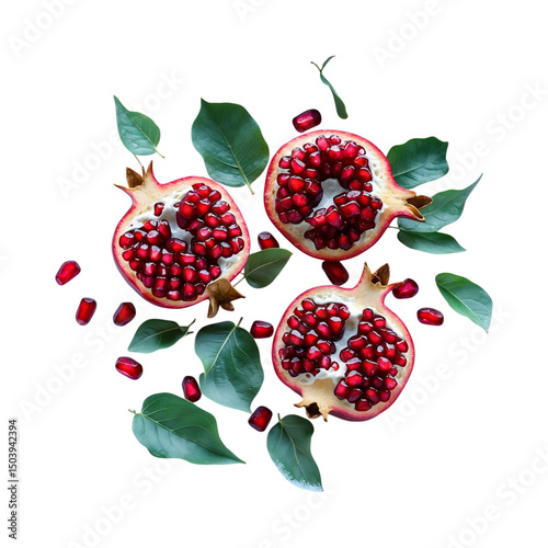 Freshly cut pomegranate fruits with ruby red seeds and green leaves on a Transparent backdrop