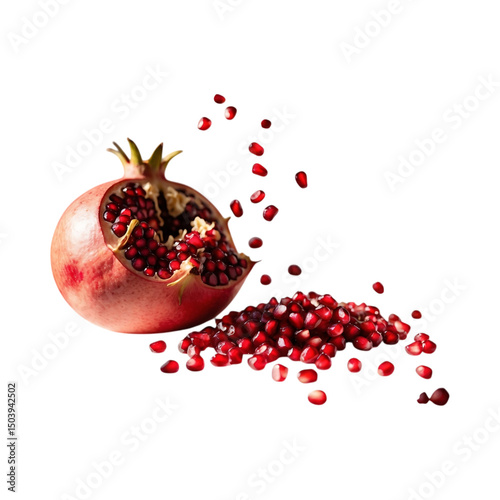 Freshly cut pomegranate with bursting seeds on a Transparent background isolated for display