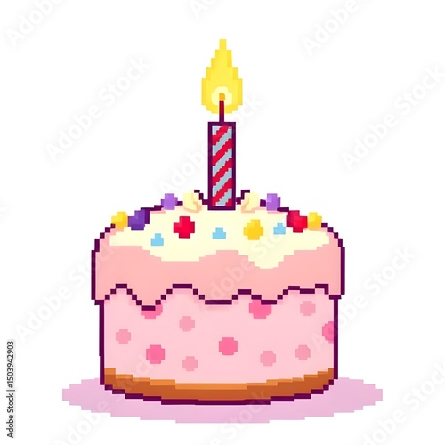 Pixel Art Birthday Cake With Candle and Colorful Decorations