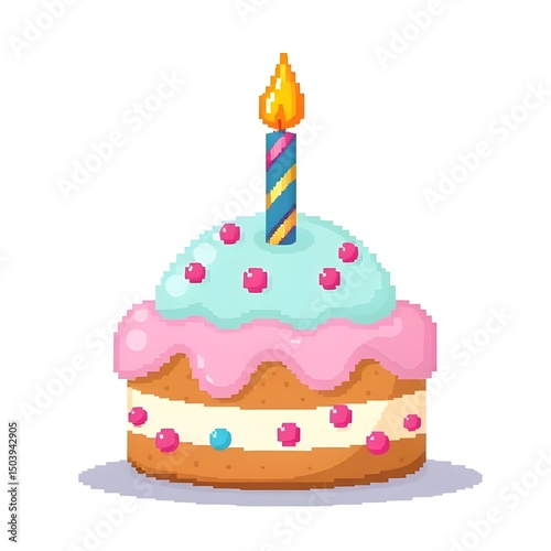 Pixel Art Birthday Cake With Candle and Colorful Decorations