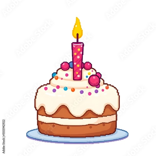 Pixel Art Birthday Cake With Candle and Colorful Decorations