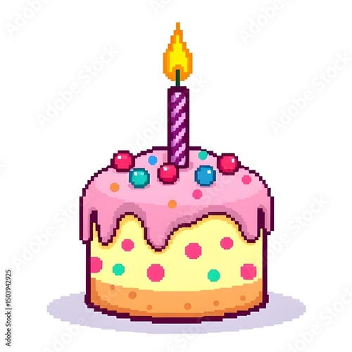 Pixel Art Birthday Cake With Candle and Colorful Decorations