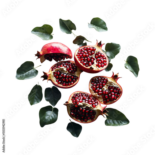 Freshly cut pomegranates with vibrant red seeds and green leaves on Transparent background