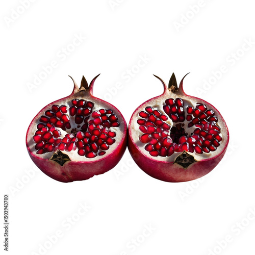 Two halves of a vibrant red pomegranate showcasing juicy seeds and fresh fruit characteristics
