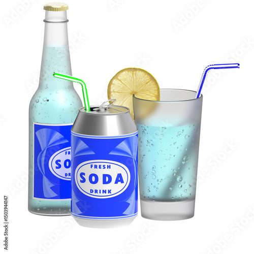 PNG. Trasparente. Soda, bicchiere bottiglia lattina..Bevanda rinfrescante isolata su sfondo trasparente.