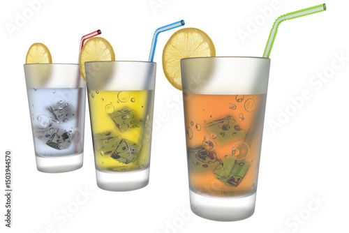PNG. Trasparente. Illustrazione 3D. Bicchieri di bibite rinfrescanti per l'estate..