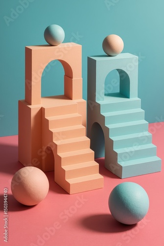 Geometric pastel architecture with spheres and stairs in blue and peach
