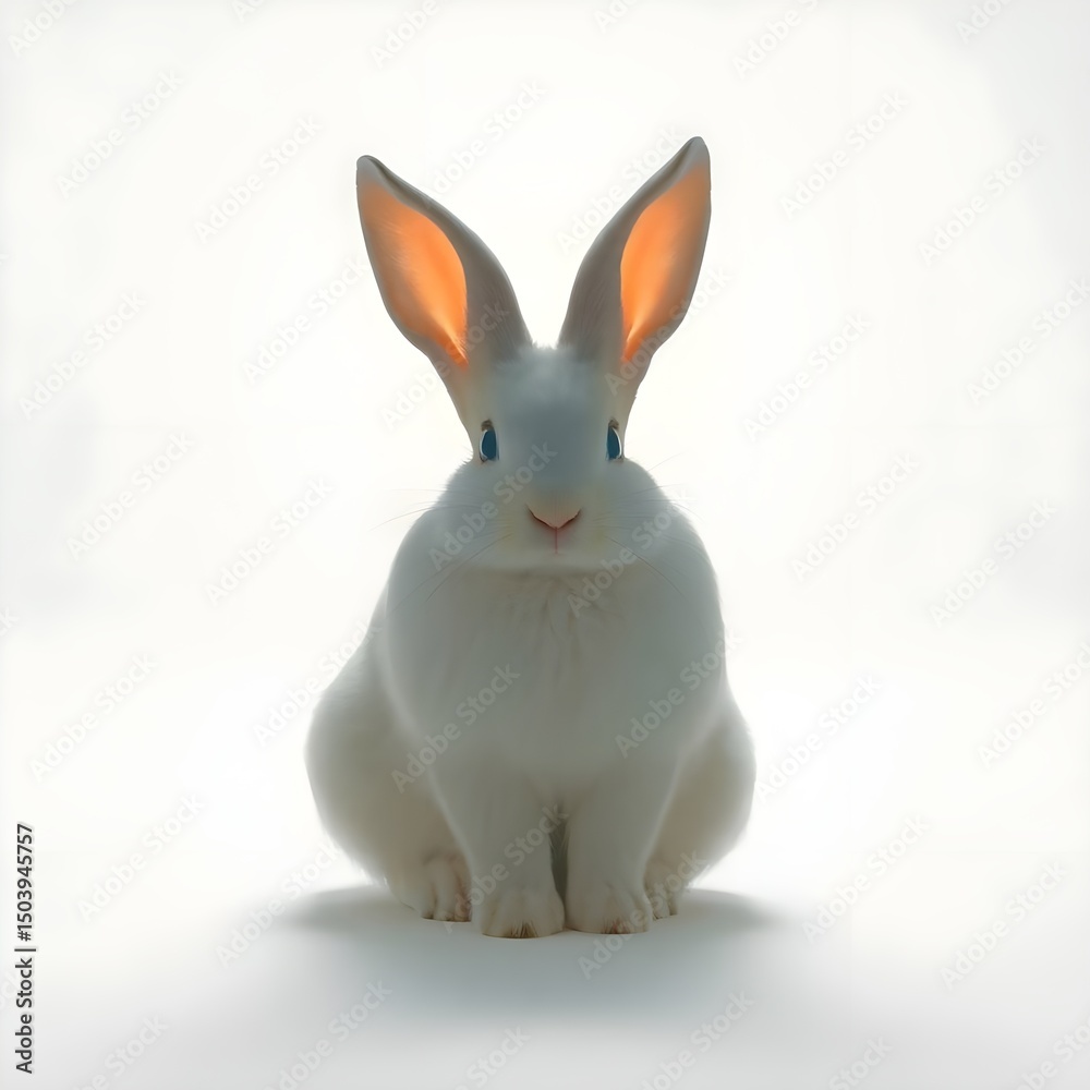 Obraz premium Silhouetted Fluffy White Bunny Rabbit Portrait on Cast Bronze Surface with Antique Patina Finish, Soft Backlighting, Square Crop on White Background