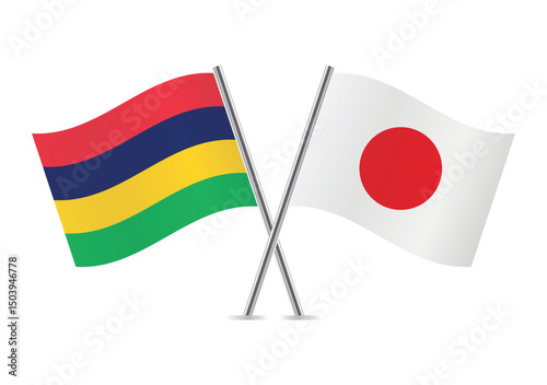 Mauritius and Japan crossed flags. Mauritian and Japanese flags on a white background. Vector icon set. Vector illustration.