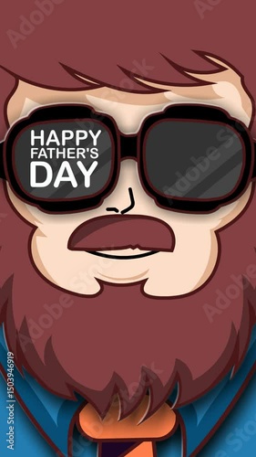 Stylized looping vertical animation featuring a bearded dad in sunglasses with sparkling effect. Text reads “Happy Father’s Day” and “Best Dad Ever” across both lenses in bold design.