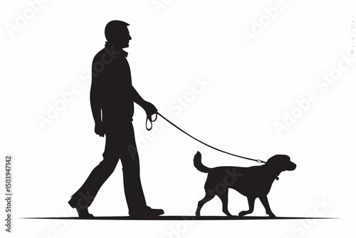 Silhouette of a man walking a dog on a leash on a white background, a simple black and white image created with generated ai
