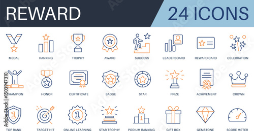 Reward icon set. Includes medal, trophy, ranking, award, success, prize, crown, certificate, badge, star, honor and celebration. Clean vector line style.