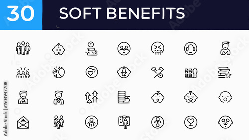 Illustration of thirty soft benefits icons including teamwork, growth, and personal well being elements created with generated ai
