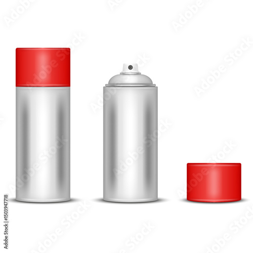 Two aerosol paint cans with red caps realistic 3d vector blank mockup front view, set showing open and closed objects isolated on white background for design presentation.