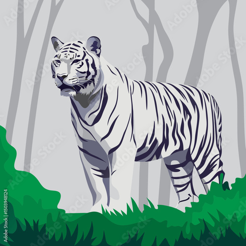 Striking vector illustration of a rare white Bengal tiger, showcasing its majestic beauty and distinctive black stripes on a pristine white coat.