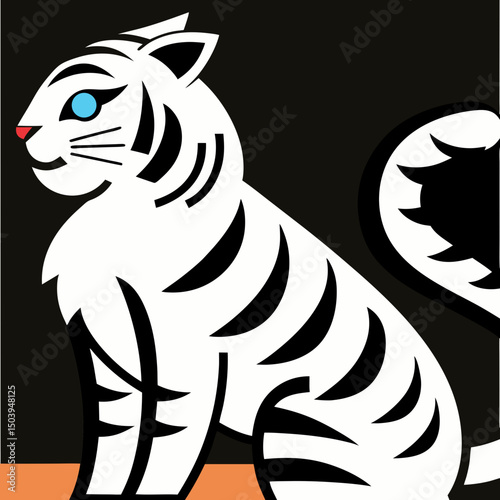 Striking vector illustration of a rare white Bengal tiger, showcasing its majestic beauty and distinctive black stripes on a pristine white coat.