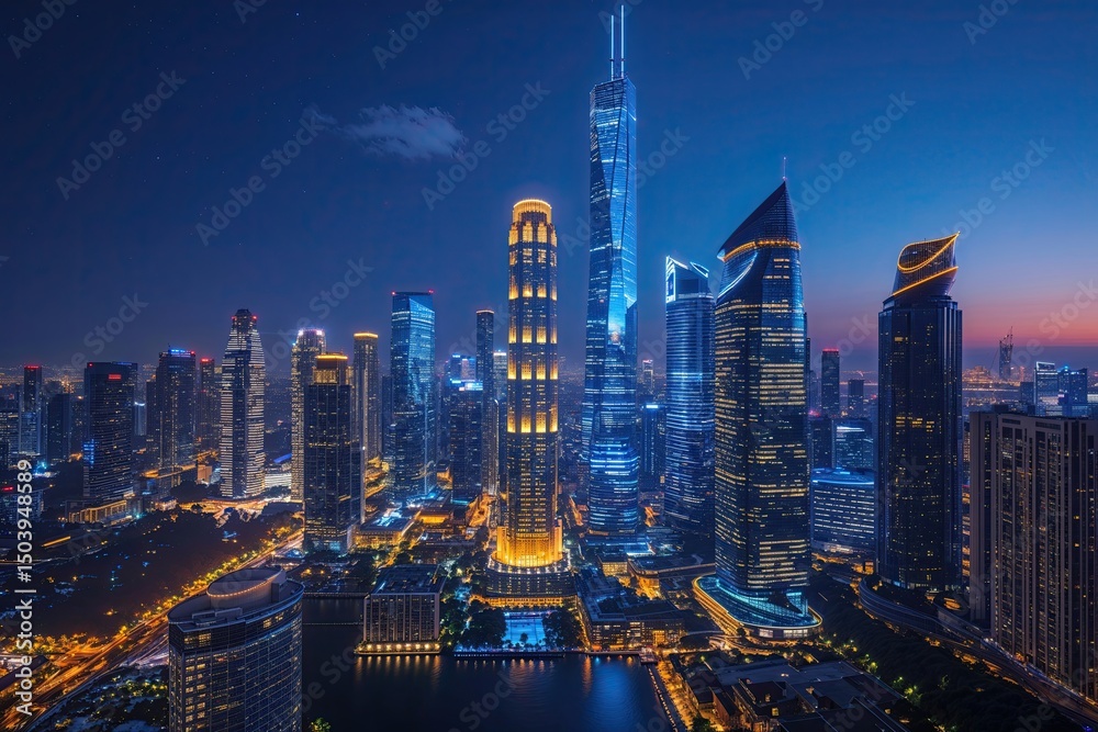 Obraz premium Vibrant Cityscape After Dark: Illuminated Skyscrapers and Modern Architecture