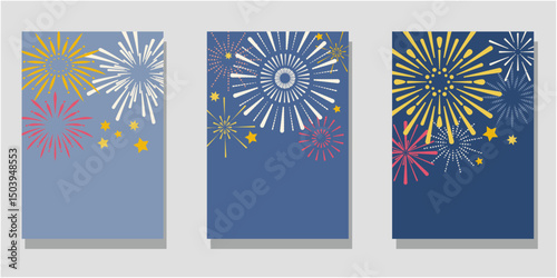 Summer fire work illustration. set of template decoration with colorful fire works. Vector illustraiton.