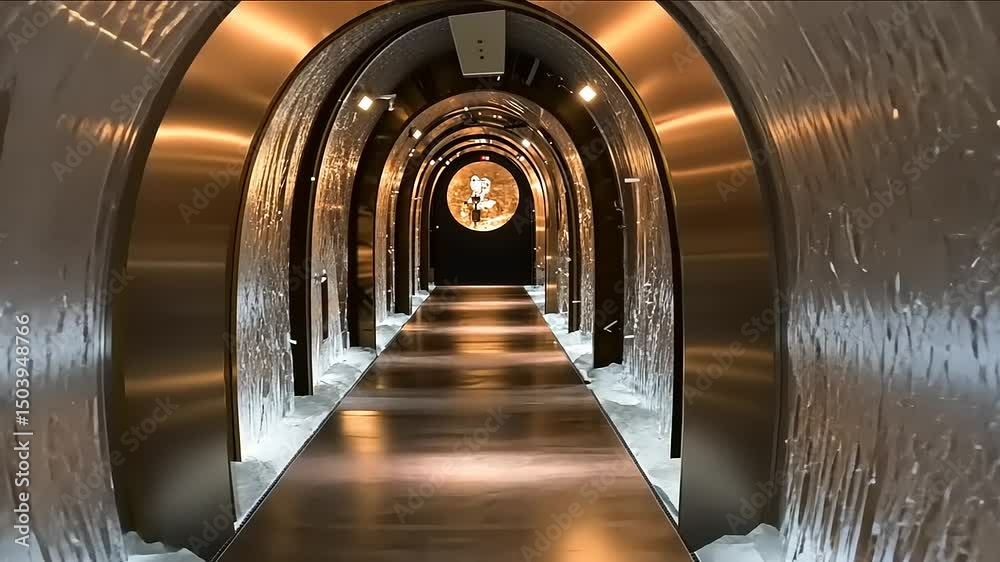 Enigmatic tunnel illuminated, showcasing metallic design and distant light focal point