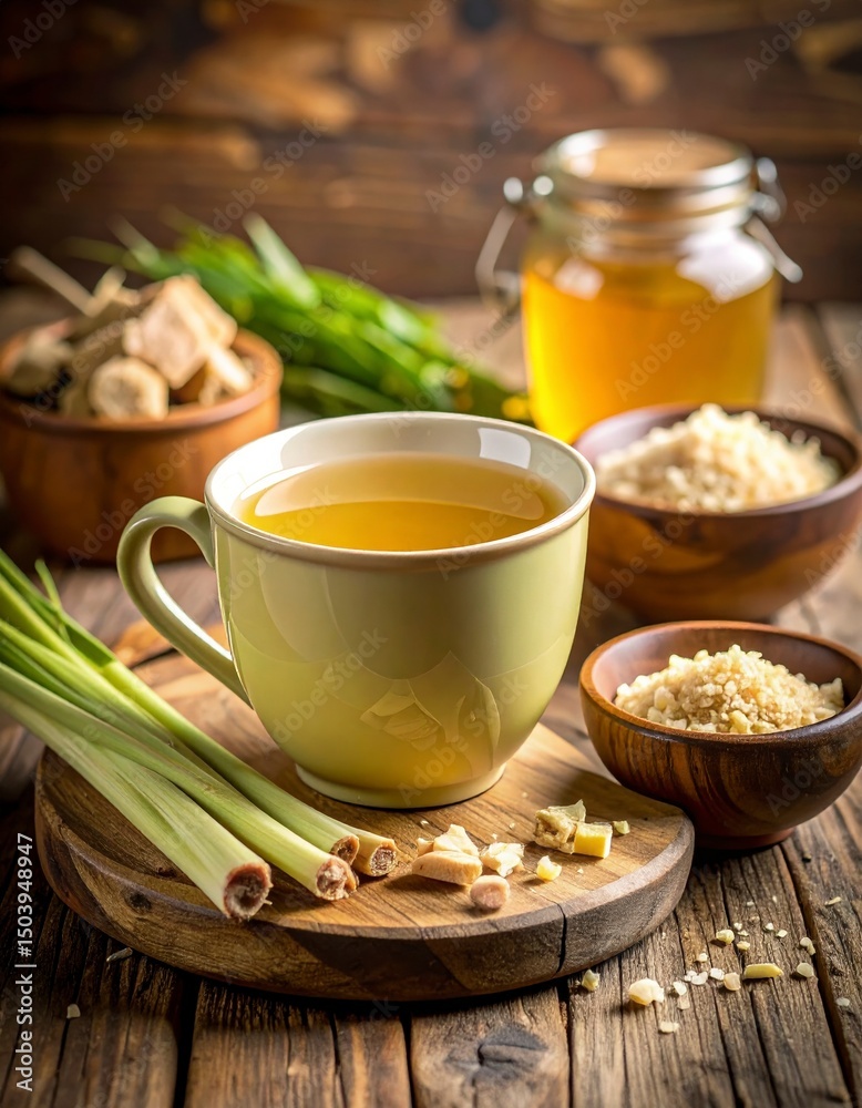 Fototapeta premium A cup of steaming tea accompanied by fresh colorful vegetables offering a wholesome and inviting contrast perfect for a healthy lifestyle and nourishing moments of enjoyment