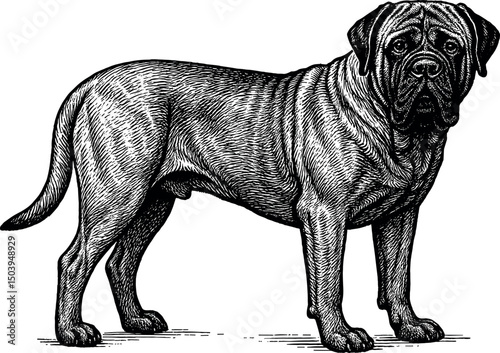 English Mastiff full body side view and facing towards the front vector black silhouette cricut print design isolated on a plain white background
