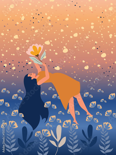 Long-haired young woman floating in the air above blooming fields in a dream. 