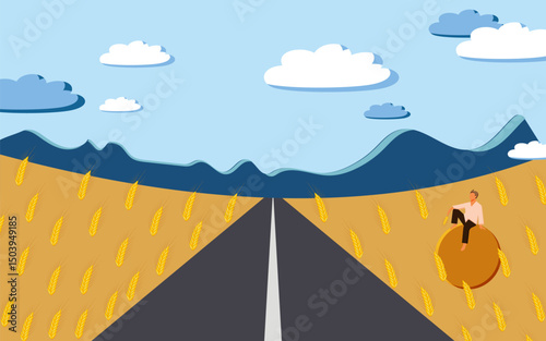 A farmer sits on a haystack in a wheat field watching the road leading to the mountains.  Vector