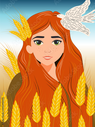 Beautiful young woman with long red hair stands in a field of golden wheat ears against a clear blue sky with a bird of peace. Vector.
