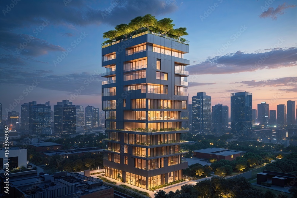 Obraz premium Modern Sustainable High-Rise Buildings with Illuminated Work Environments and Rooftop Gardens at Dusk