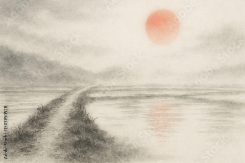 日本の風景と赤い太陽　日の丸　柔らかく差し込む陽光　日本の水墨画