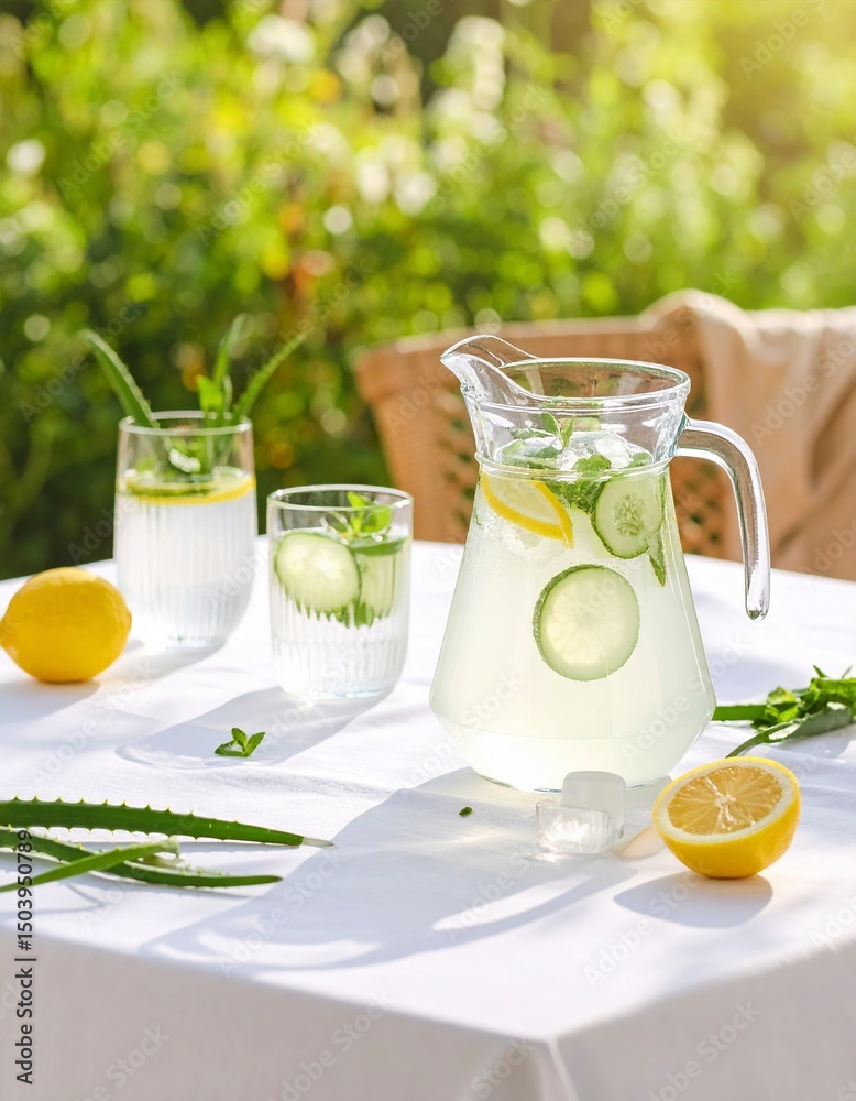 Fototapeta premium Refreshing pitcher of homemade lemonade with bright yellow color and fresh lemon slices garnishing the top creating a summertime favorite beverage perfect for any gathering or picnic