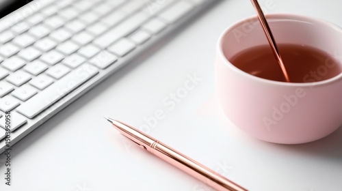 Elegant workspace with pink cup, pen, and keyboard on modern desk in soft natural light