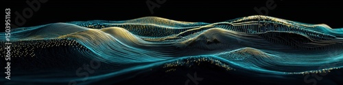 This stock image presents an abstract visualization of undulating teal and gold lines forming a textured, wave-like surface against a dark background. 