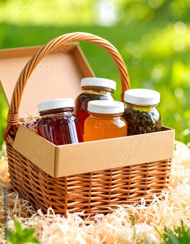 Charming picnic basket filled with assorted honeys and beautifully packaged jars perfect for outdoor gatherings and enjoying nature?s sweetness in a serene setting photo