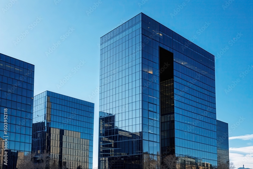 Fototapeta premium Modern Office Buildings with Reflective Glass Facades Against a Bright Blue Sky