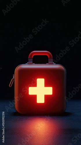 A glowing red first aid kit centered on a dark background, captured to emphasize emergency preparedness, medical urgency, and the critical importance of health response in crisis situations.