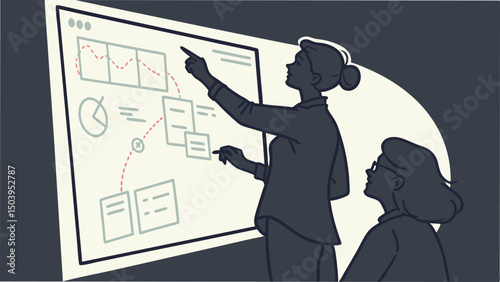 Business meeting women presenting data and graphs on screen for financial analysis