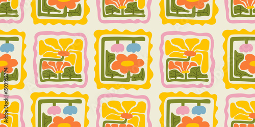Colorful flower seamless pattern illustration in matiss style. Children style floral doodle background, funny basic nature shapes wallpaper.