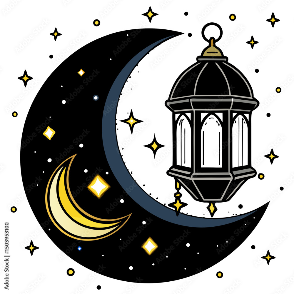 Crescent moon and ramadan lantern illustration