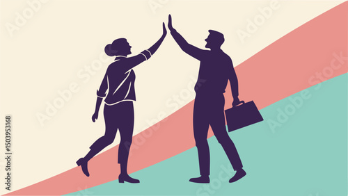 Business professionals high five in celebration of achievement in flat vector style