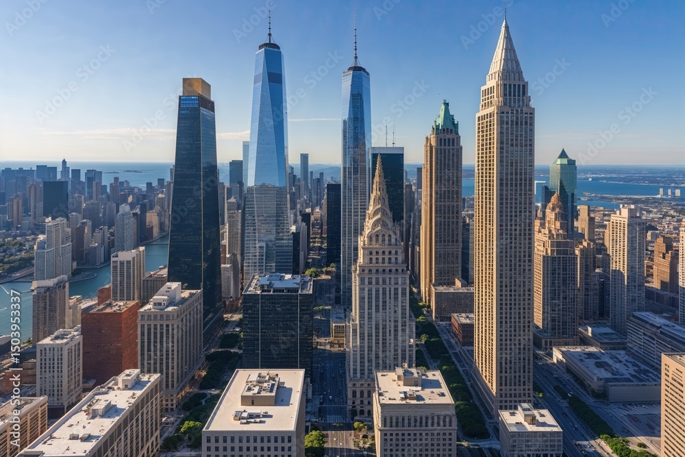 Fototapeta premium Aerial Drone Perspective of Famous Skyscrapers in Lively Urban Commercial District Under Bright Summer Skies
