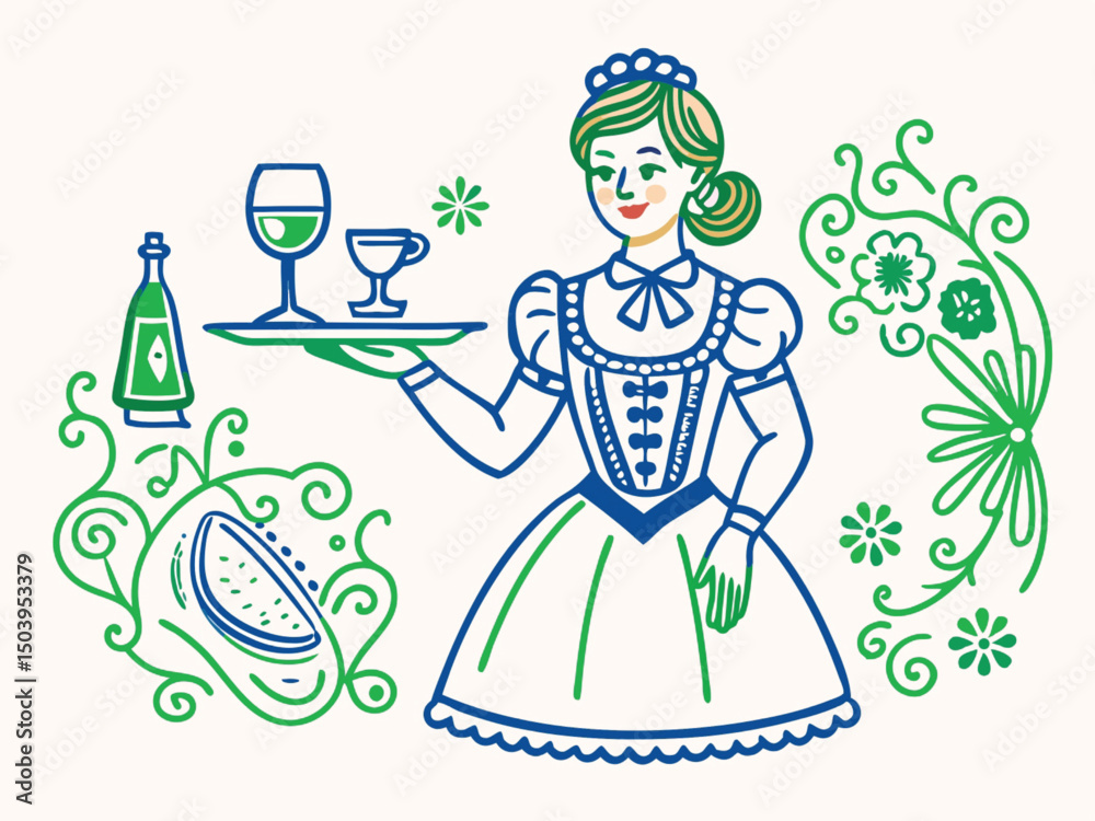 Obraz premium Princess fashion illustration of a beautiful girl in a pink spring dress holding a glass of champagne