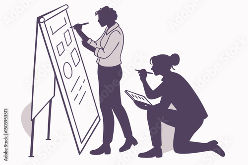 Businesswomen collaboration brainstorming on a flipchart with pen in a meeting