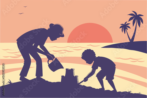 Children build sandcastle silhouette beach sunset summer vacation playtime