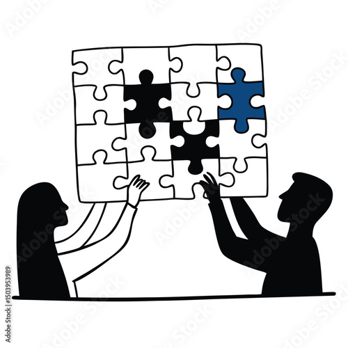 Teamwork illustration showing people completing puzzle together concept of collaboration