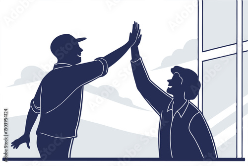 Two people giving high five in dark blue silhouette vector illustration