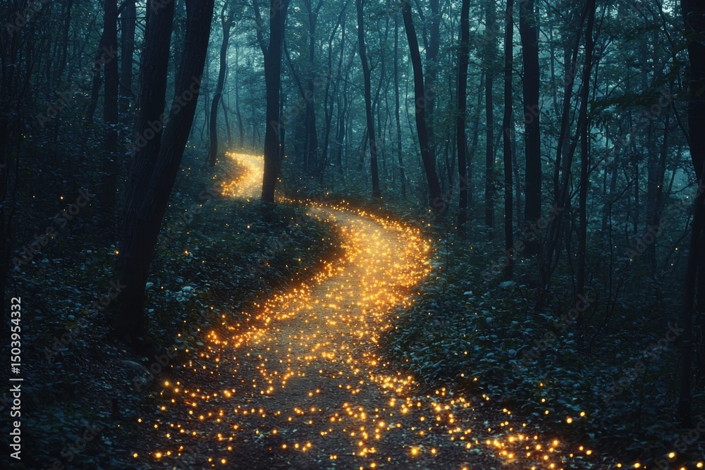 Fototapeta premium Enchanting fireflies illuminate a serene pathway in a mystical forest at dusk
