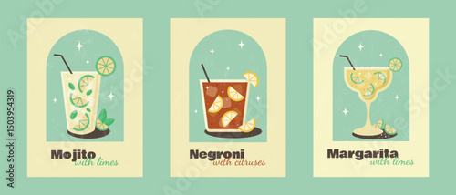 Set of postes with cocktails on green background with grunge texture.  Mojito, Negroni, Margarita. Banner for restaurant, cafe, bar, club, decorations. Poster in retro style. Flat vector illustration.