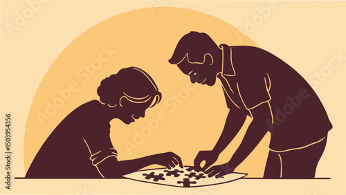 Two people solving jigsaw puzzle in silhouette minimalistic vector illustration