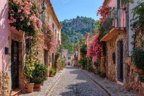 Charming floral streetscape mediterranean village photography sunny environment serene viewpoint tranquil concept